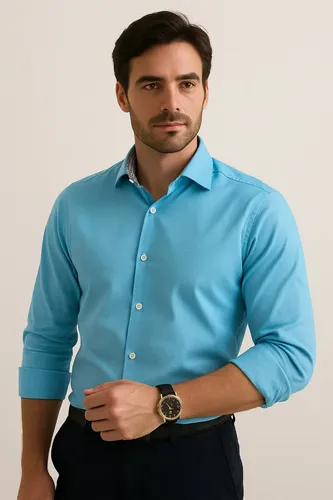 Camisa Social 100% Algodão Azul Manga Longa